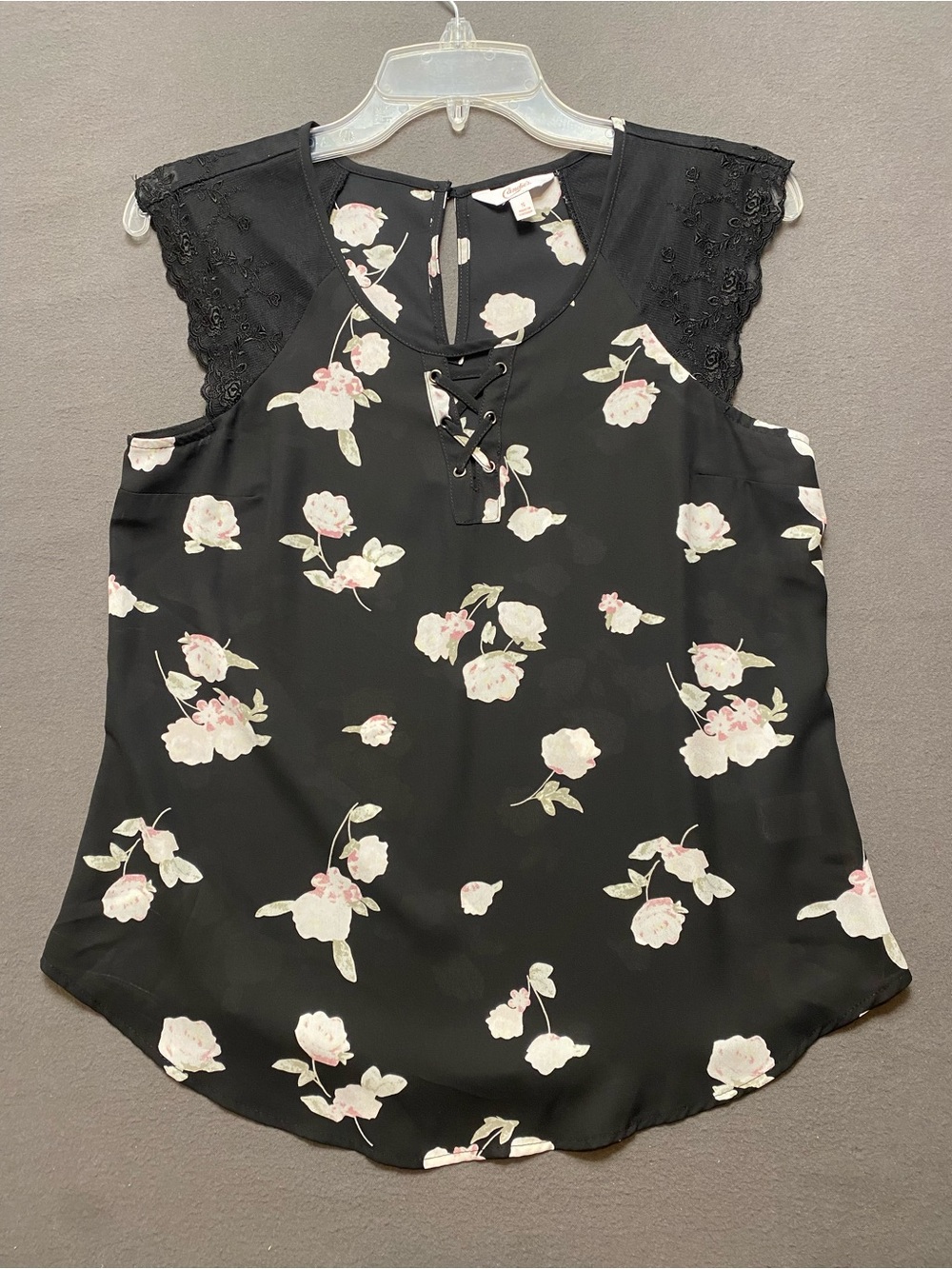 Candie's Black Floral Lace-Trim Lace-Up Camisole- Small